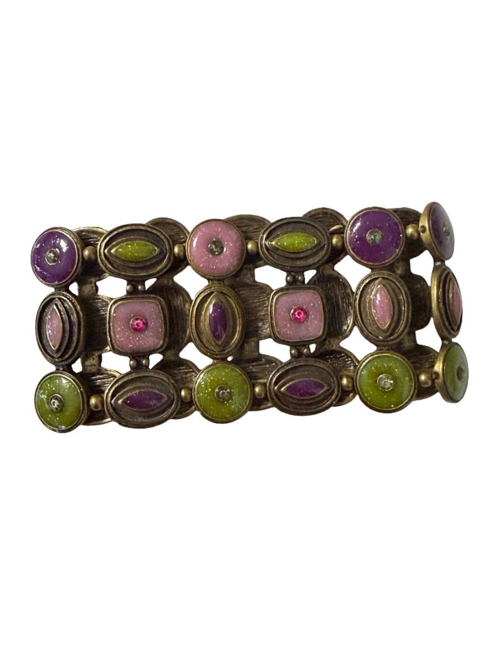 Vintage Stretch Bracelet Purple Pink Green Enamel Rhinestone Panel Cuff Boho